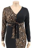 Red Polyester Sexy adult Fashion V Neck Patchwork Print Leopard Bandage Stitching  Plus Size Dresses