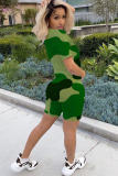 Green Fashion Active adult Ma'am Patchwork Print Camouflage Two Piece Suits Straight Short Sleeve Two Pieces