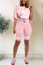 Pink Polyester Fashion Active Letter Two Piece Suits pencil Short Sleeve Two Pieces