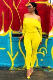 Yellow Casual zipper Solid Polyester Long Sleeve one word collar  Jumpsuits