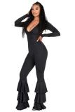 Black Sexy Fashion Solid Ruffled Polyester Long Sleeve V Neck 