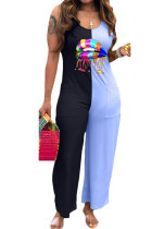 Light Blue Fashion Casual Patchwork Lip Polyester Sleeveless Slip Jumpsuits
