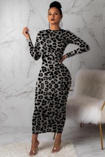 Grey Polyester adult Casual Fashion Cap Sleeve Long Sleeves O neck Step Skirt Mid-Calf Leopard Print 