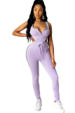 Grey knit Sexy Active Solid Patchwork Two Piece Suits Straight Sleeveless  Two-piece Pants Set