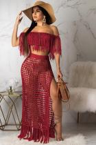 Red Sexy Fashion Off The Shoulder Short Sleeves One word collar Straight Ankle-Length asymmetr