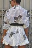 White cardigan Long Sleeve Solid Print Newspaper Blouses & Shirts