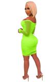 Fluorescent green Polyester Fashion Celebrities Sexy Off The Shoulder Long Sleeves One word collar Step Skirt Mini Mes