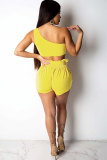 Yellow Polyester Sexy Fashion HOLLOWED OUT Print asymmetrical Patchwork Straight  Two-Piece Short Set
