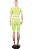 Fluorescent Yellow Casual Fashion Fluorescent Solid Patchwork pencil Two-Piece Short Set
