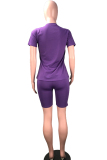 purple knit Casual Patchwork Two Piece Suits Solid pencil Short Sleeve 