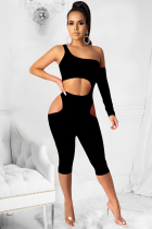 Black Sexy Fashion Hollow Solid Patchwork Long Sleeve one shoulder collar 