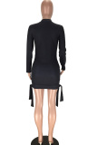 Black Polyester Casual Cap Sleeve Long Sleeves O neck Step Skirt skirt Print 