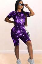 purple Polyester Casual Print Straight Short Sleeve  Two-Piece Short Set