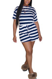 Dark Blue Fashion Casual Striped Short Sleeve O Neck Rompers