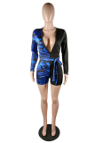 Blue Fashion Sexy Camouflage Patchwork Print Long Sleeve V Neck