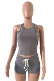 Dark Gray knit Sexy Patchwork Two Piece Suits Solid Straight Sleeveless  Two-Piece Short Set
