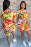 Yellow Polyester Casual Fashion adult Patchwork Two Piece Suits Print pencil Short Sleeve 