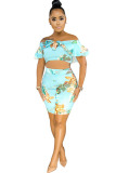 Blue venetian Fashion adult Ma'am Street Patchwork Print ruffle Two Piece Suits pencil Short Sleeve Two Pieces
