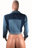 Light Blue Turndown Collar asymmetrical Old Solid contrast color Patchwork The cowboy Pure Long Sleeve 