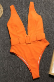 Orange Solid Asymmetrical Fashion Sexy One-Piece Swimwear