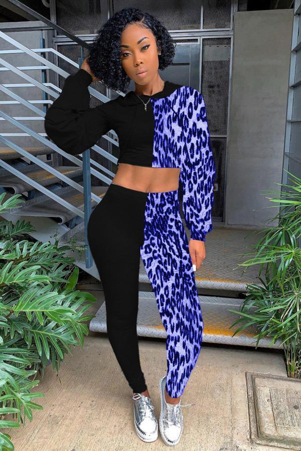 Blue adult Casual Fashion Print asymmetrical Patchwork Two Piece Suits Leopard Straight Long Sl