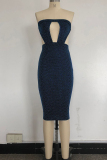 Blue Silk Fashion Ma'am adult Sexy Off The Shoulder Sleeveless Wrapped chest Pencil Dress Mid-Calf backle