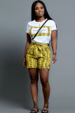 Yellow Polyester Fashion Casual Sexy Print Patchwork bow-knot Straight Short Sleeve 