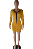 Yellow Sexy Cap Sleeve Long Sleeves Hooded Step Skirt Knee-Length chain Patchwork Solid