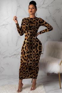 Black adult Casual Fashion Cap Sleeve Long Sleeves O neck Step Skirt Mid-Calf Leopard Print