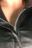 Black Fashion Sexy Solid Pocket Patchwork zipper PU Short Sleeve Mandarin Collar 