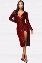 Red Polyester adult Sexy Fashion Cap Sleeve Long Sleeves V Neck A-Line Mid-Calf Sequin Solid Patchwork  