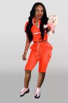 Orange Polyester Casual Fashion Zippered Bandage Solid Fluorescent  Two-Piece Short Set