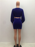 Blue Fashion Long Sleeves O neck Hip skirt Mini Two Piece Clothes