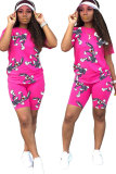 rose red Fashion Active adult Patchwork Print Character Two Piece Suits Straight Short Sleeve Two Pieces