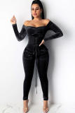 Black Sexy Solid bandage Long Sleeve one word collar 