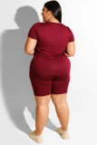 Wine Red Polyester Fashion Casual adult O Neck Patchwork Solid Two Piece Suits Stitching Plus Size 