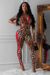 Leopard print Polyester Street Fashion adult Two Piece Suits Leopard Bandage Print pencil Long Sleeve  Two-piece P
