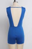 Blue Sexy Fashion Solid Diamond Backless Patchwork nylon Sleeveless V Neck Rompers