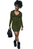 Army Green Sexy Cap Sleeve Long Sleeves Hooded Step Skirt Knee-Length chain Patchwork Solid