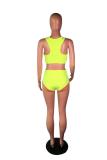 Fluorescent green Polyester Sexy Fashion Zippered Solid Two Piece Suits asymmetrical Slim fit crop top Skinny Sleevele