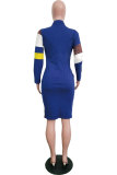 Blue Sexy Fashion Cap Sleeve Long Sleeves Turndown Collar Step Skirt Knee-Length chain Patchwork Print C