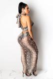 serpentine Polyester Sexy Fashion adult Leopard Two Piece Suits asymmetrical Print  Mesh pencil Sleeveless
