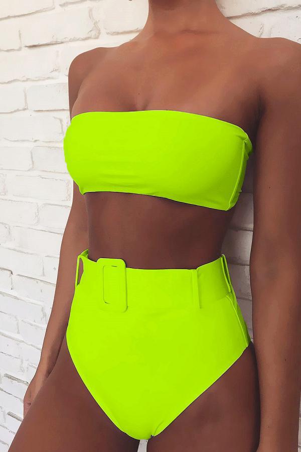 Fluorescent green Nylon Patchwork Print Two Piece Suits adult Fashion Sexy  Bikinis Set
