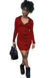 Wine Red Sexy Cap Sleeve Long Sleeves Hooded Step Skirt Knee-Length chain Patchwork Solid