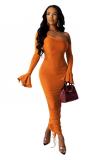Orange Fashion Sexy adult Bell sleeve Long Sleeves one shoulder collar Step Skirt Ankle-Length Pa