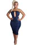Blue Silk Fashion Ma'am adult Sexy Off The Shoulder Sleeveless Wrapped chest Pencil Dress Mid-Calf backle