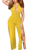 Yellow Fashion Casual Solid Sleeveless V Neck Jumpsuits