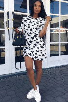 White Sexy Casual Fashion Active Cap Sleeve Half Sleeves O neck A-Line skirt Patchwork Print 