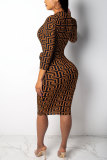 Brown Sexy Fashion Cap Sleeve 3/4 Length Sleeves V Neck Slim Dress Knee-Length Print Patchwork  Club Dress