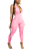Pink Fashion Sexy Backless Solid Spandex Sleeveless V Neck Jumpsuits